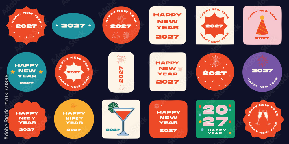 Fototapeta premium Festive new year 2027 vector stickers and badges collection on dark background with party hat celebration illustration collection greeting abstract fireworks cocktail 