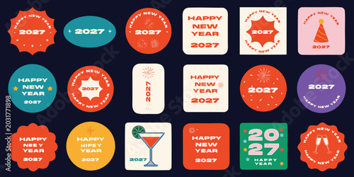 Festive new year 2027 vector stickers and badges collection on dark background with party hat celebration illustration collection greeting abstract fireworks cocktail
