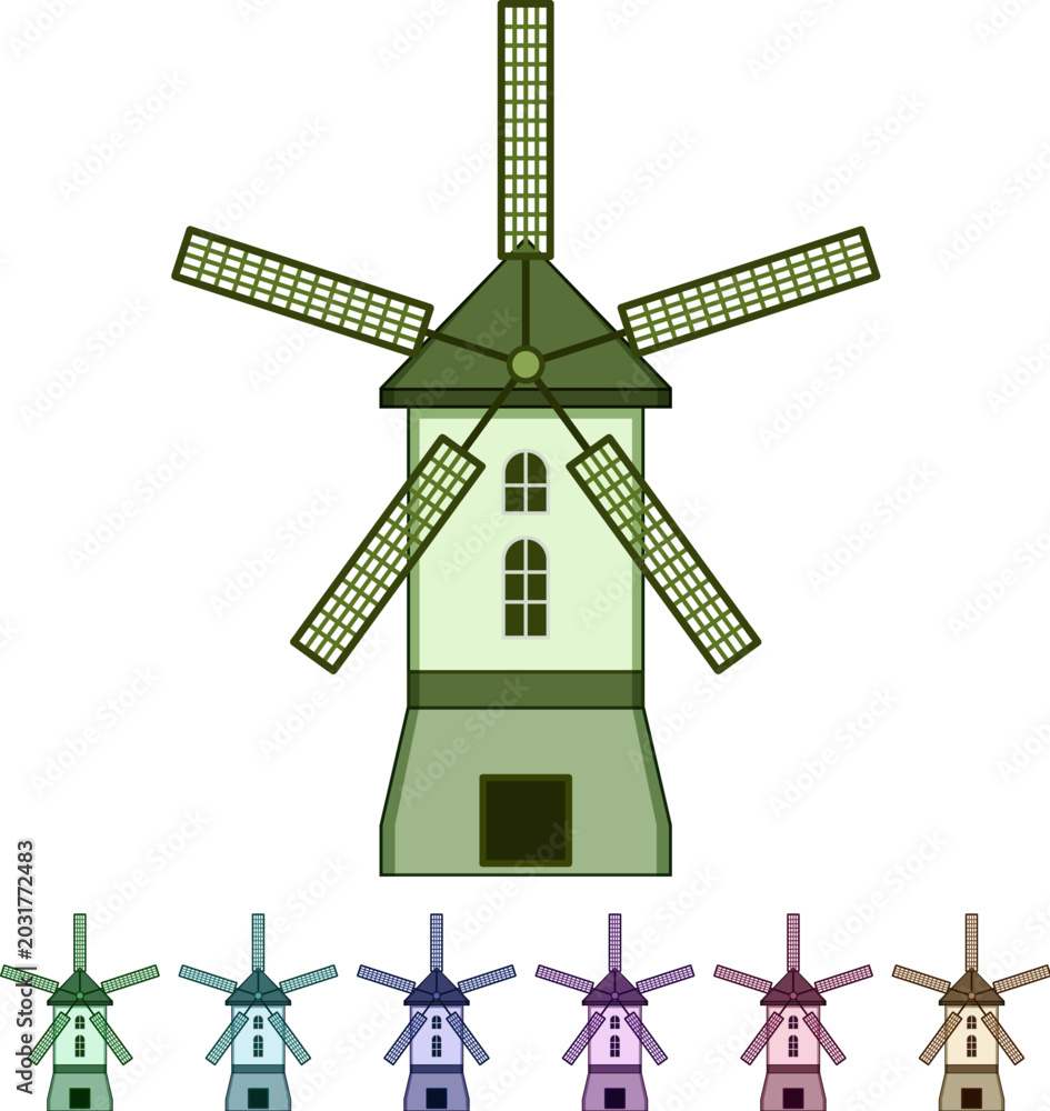 Fototapeta premium old mill farm cartoon. house countryside, bakery nature, organic water old mill farm sign colorful illustration