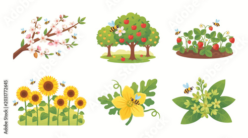 A vibrant illustration of a blooming tree, lush orchard, and colorful garden with sunflowers, flowers, and plants.