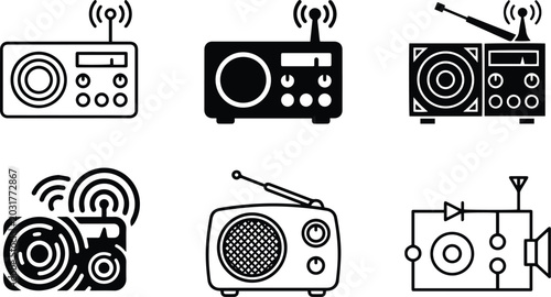 Obraz na płótnie Radio receiver icon collection showing wireless antenna broadcast audio device t