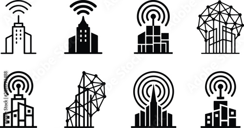 Slika na platnu Wireless smart building icon collection showing city antenna signal tower networ