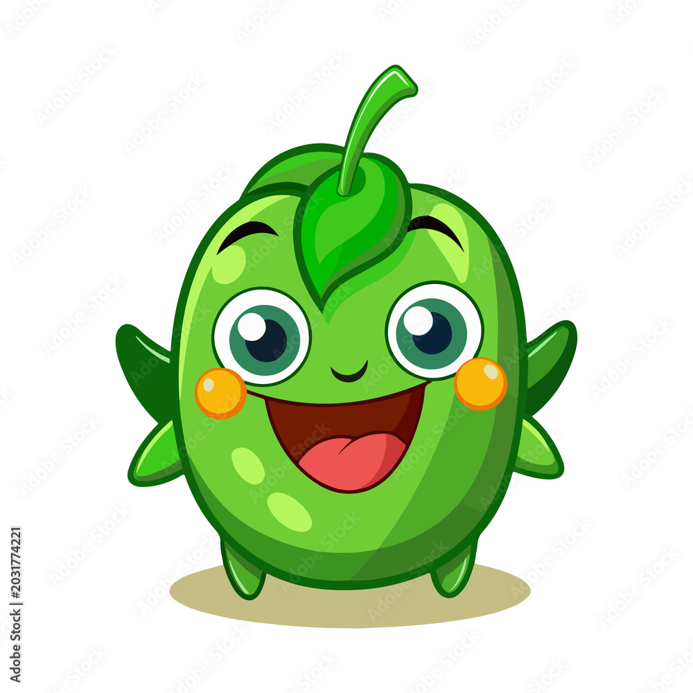 Fototapeta premium Funny green pepper face mascot smiling expressively on white