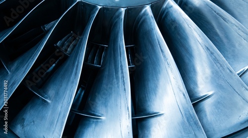Closeup of a jet engine turbine fan blades