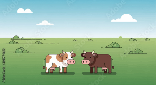 Billede på lærred Two cartoon cows in a green field under a blue sky with clouds
