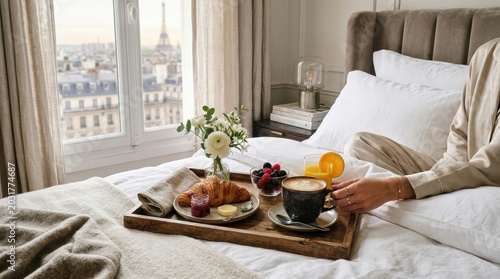 Elegant breakfast in bed with croissant, berries, orange juice, and cappuccino on a wooden tray, enjoyed in a cozy hotel room overlooking classic Parisian rooftops and Eiffel Tower

