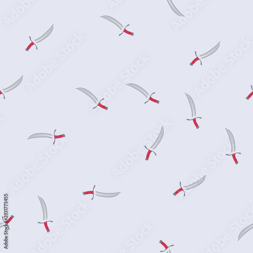 Photography pattern pointing curved metal blade with red hilt and grey pommel on white backg