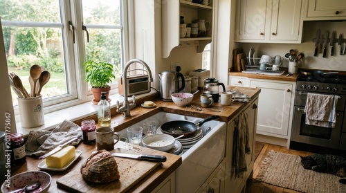 Everyday home kitchen scene with dishes, bread, and ingredients left out on rustic wooden countertops after cooking, capturing authentic real life mess and cozy lived in atmosphere

