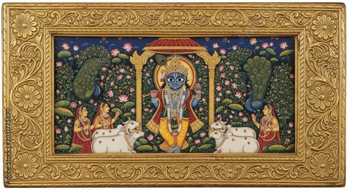 Vibrant Indian Miniature Painting Depicting Lord Krishna with Cows and Gopis.