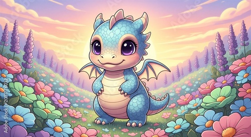 Blue baby dragon with cheerful mood standing in colorful flower meadow against forest and sunset sky background