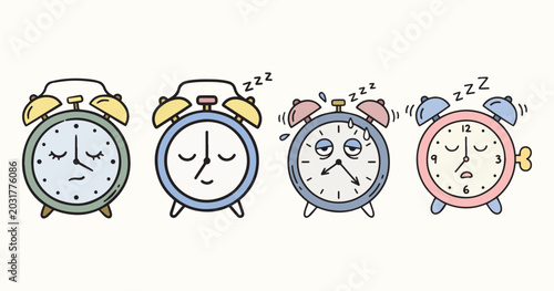 Cute Kawaii Tired And Sleeping Alarm Clock Characters Showing Morning Fatigue And Sleepiness Concept Illustration