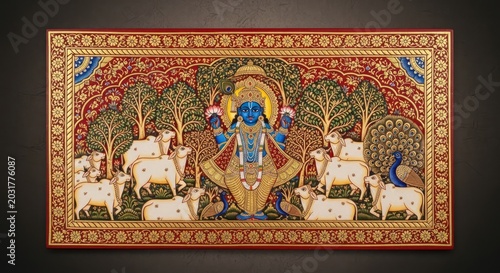 Vibrant Indian Miniature Painting Depicting Lord Krishna with Cows and Trees.