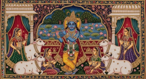 Vibrant Indian Miniature Painting Depicting Lord Krishna with Gopis and Cows.
