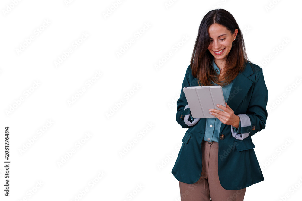 Fototapeta premium Woman standing, smiling and holding a digital tablet. Engaging with modern technology for business tasks. Transparent background