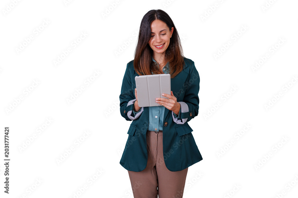 Fototapeta premium Woman working on digital tablet, using tech for business communication and online innovation, smiling, transparent background