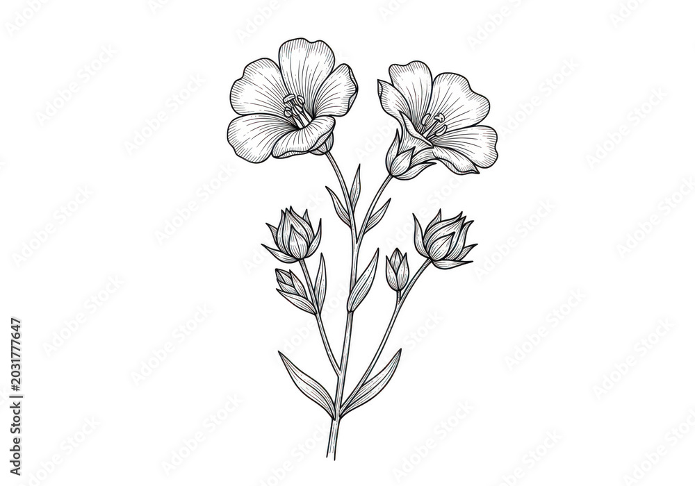 Obraz premium Detailed black and white line of a flax plant featuring two blooming flowers, closed buds, and slender leaves on a solid black background