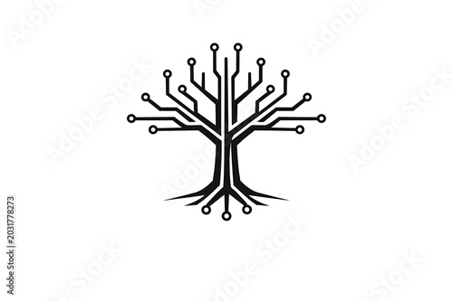 Circuit board tree symbol with roots and glowing nodes technology electronics minimalist illustration computer innovation connection abstract isolated information biotechnology