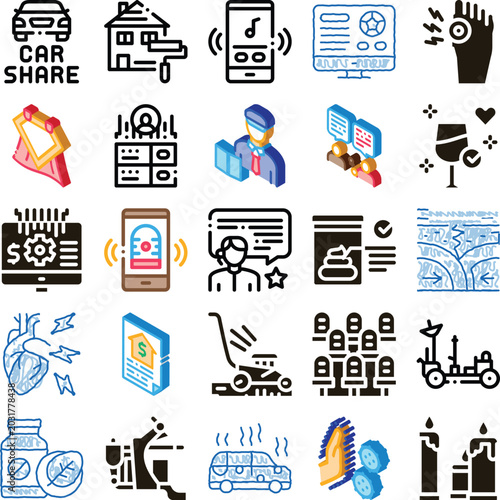 Canvas Print Set of vector style icons depicting modern sharing economy, communication, healt
