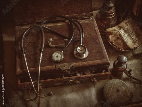 Vintage medical instruments and stethoscope on an old box.