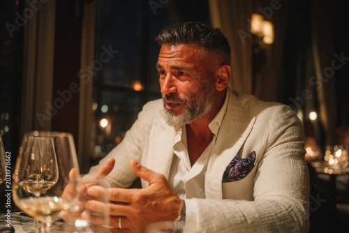 beautiful man is sitting at table in restaurant. he's talking or giving interview. he's well dressed. pleasant lively atmosphere around. photo conveys business conversation or meeting of friends