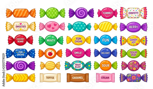 Fotografía Colorful candy wrappers vector collection assorted sweet candies isolated
