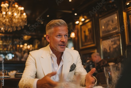 beautiful man is sitting at table in restaurant. he's talking or giving interview. he's well dressed. pleasant lively atmosphere around. photo conveys business conversation or meeting of friends