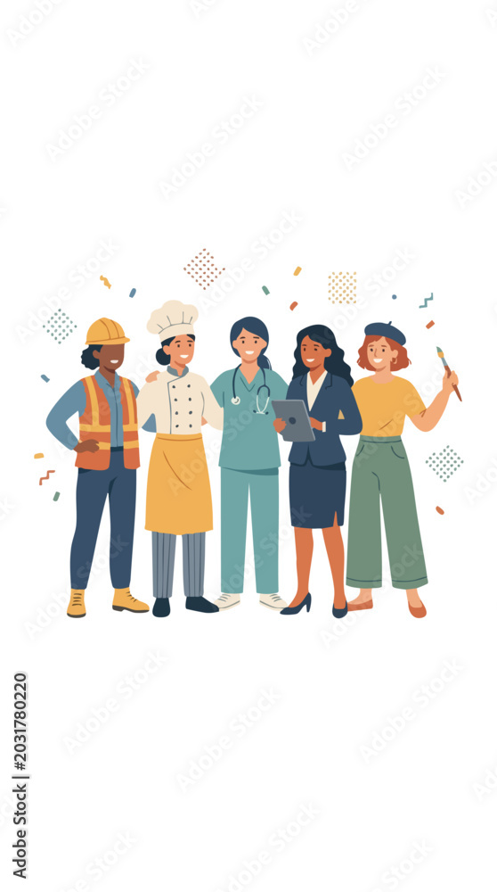 Obraz premium Diverse group of people celebrating Workers' Day with a labor day social media post