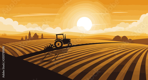 Canvastavla Tractor plowing a field at sunset, golden hour, agricultural landscape illustration
