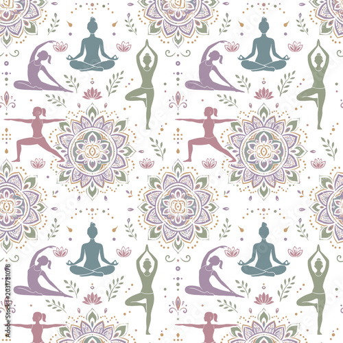 Seamless pattern with yoga poses and mandala flowers