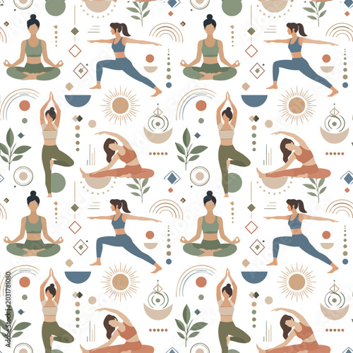 Seamless pattern with women practicing yoga and meditation