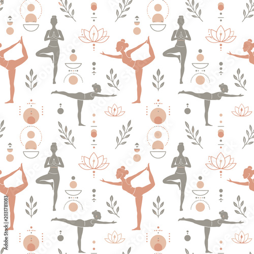 Seamless pattern with yoga poses and lotus flowers