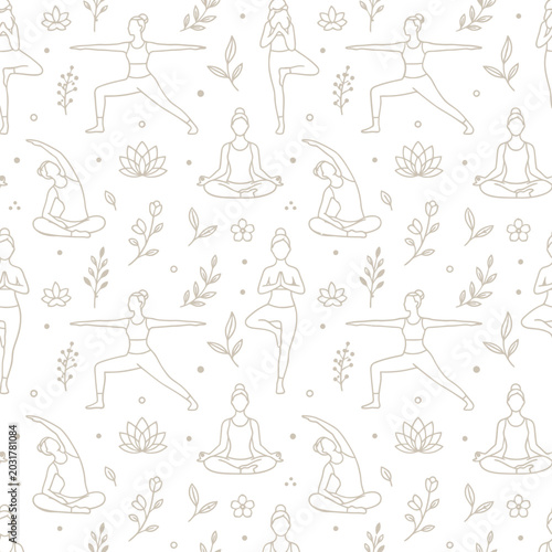 Seamless pattern with hand drawn yoga poses and flowers