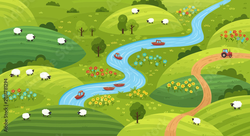 Foto Idyllic countryside landscape with rolling green hills, sheep, river, boats, and