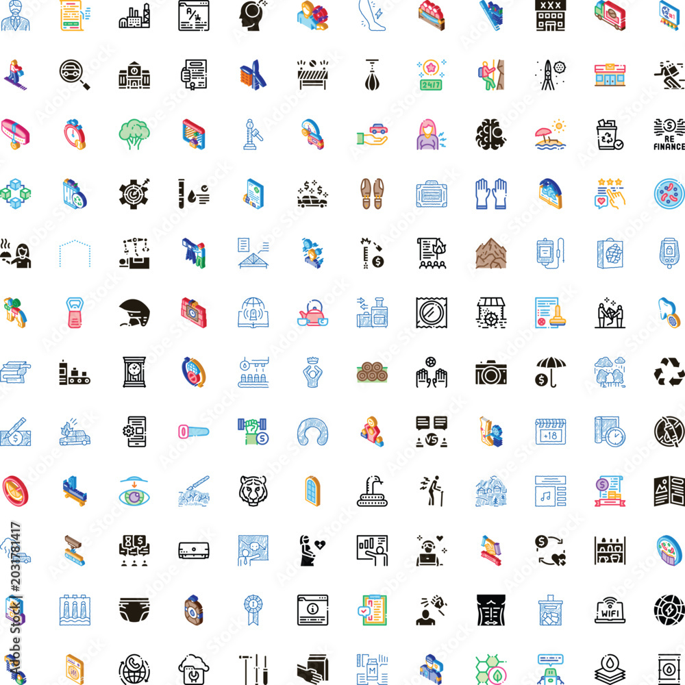 Naklejka premium Large collection of diverse isometric icons covering various concepts including business strategy, artificial intelligence, health services, finance management, education, and nature themes