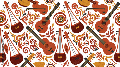 Photos Seamless pattern with folk musical instruments and decorative floral elements