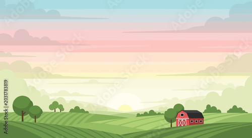 Obraz na płótnie Idyllic Countryside Sunrise: Rolling Hills, Red Barn, and Pastel Sky