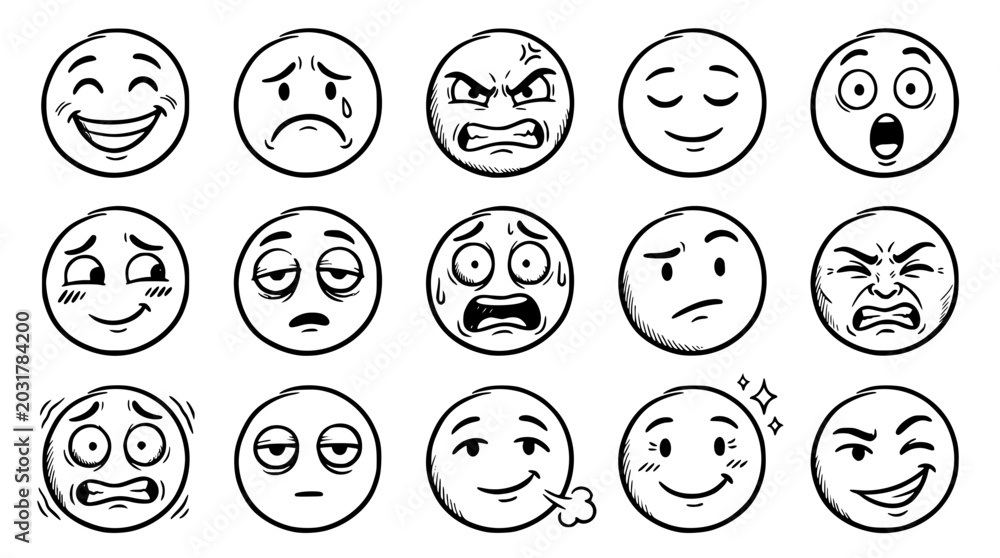 Fototapeta premium Various emoticon faces expressing different emotions and reactions