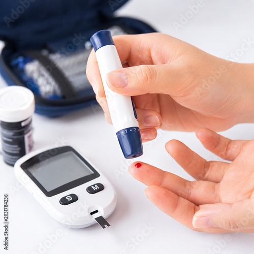 Close-up of a woman checking blood sugar level using a glucometer and lancet device at home