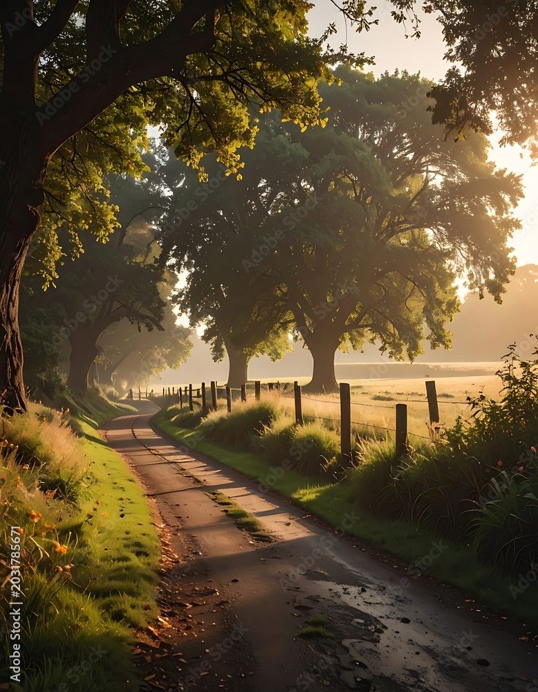 Obraz premium Serene Countryside Road Through Trees.
