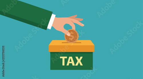 Photos Illustration of hand paying taxes into a box with a dollar coin