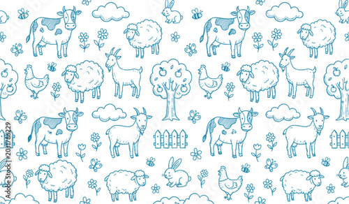 Farm animals and fruit doodle pattern on white background hand drawn style