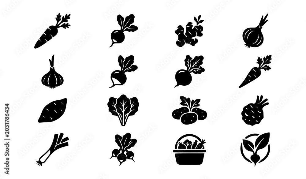 Obraz premium Minimal Root Vegetable Silhouette Icons with Ginger and Organic Farm Produce Shapes