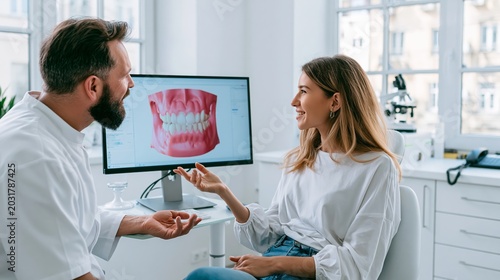 Dentist explaining 3D teeth scan to happy patient, showing digital jaw model for modern dental care consultation