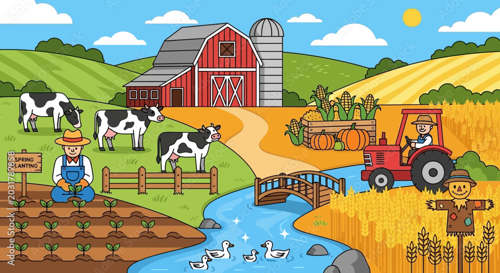Εκτύπωση καμβά Vibrant cartoon farm scene with barn, tractor, cows, farmer, and crops