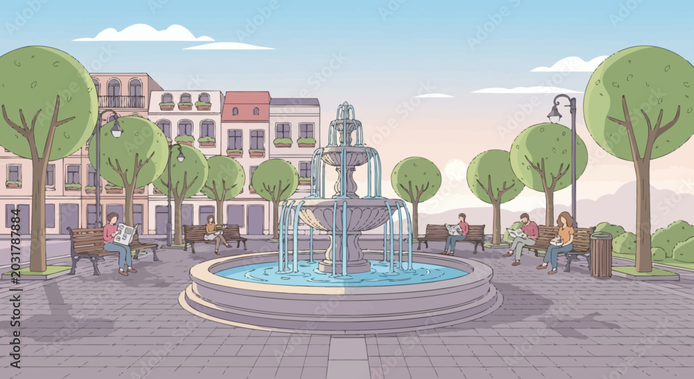 Εκτύπωση καμβά Pixel Art City Park Fountain with People Relaxing on Benches