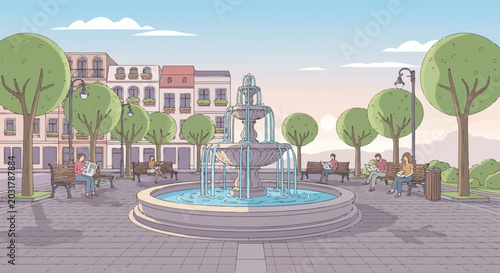 Canvastavla Pixel Art City Park Fountain with People Relaxing on Benches