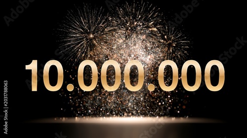 Golden 10,000,000 on black, celebrating achievement with glittering particles and fireworks for success