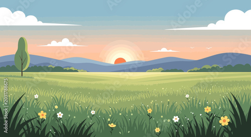 Fotografie Peaceful Sunrise Over Rolling Hills and Wildflowers Meadow