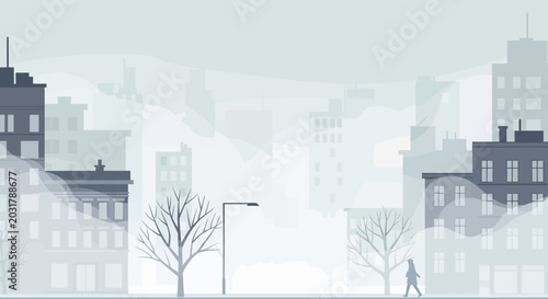 Foto Urban winter cityscape with bare trees and a lone pedestrian under a foggy sky
