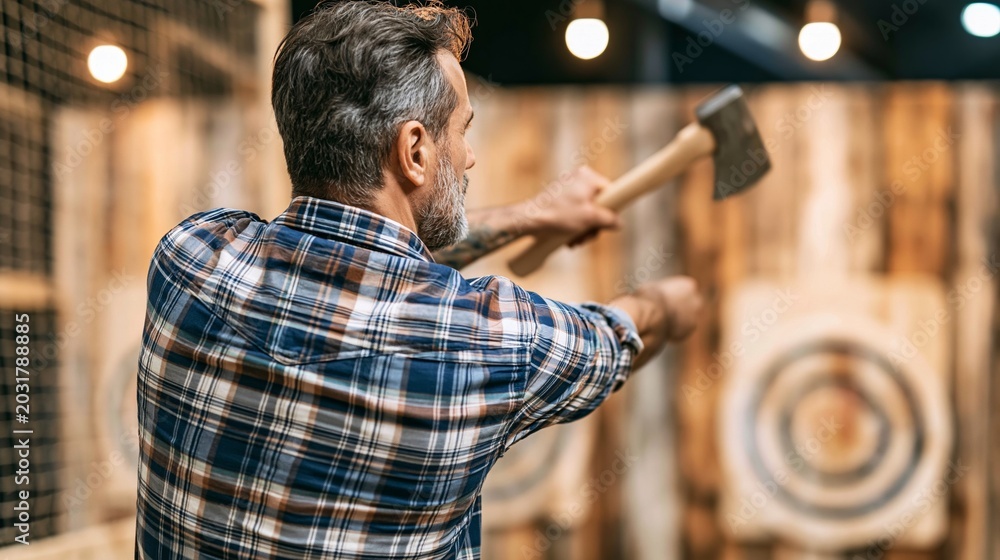 Obraz premium Mature man enjoying axe throwing indoor recreation, aiming at a wooden target, focusing on precision and fun